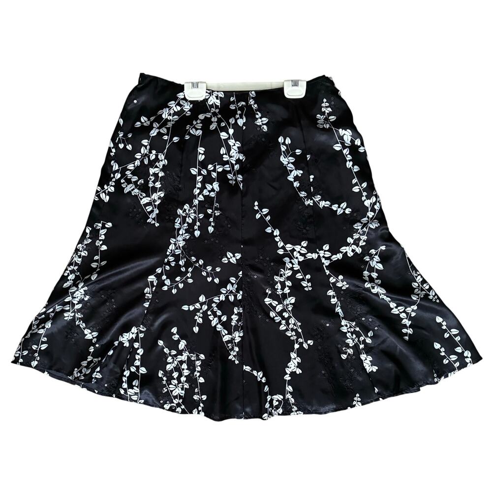 Chico's Black Floral Satin Midi Skirt Size 2 Sequined Embroidered A-Line Evening